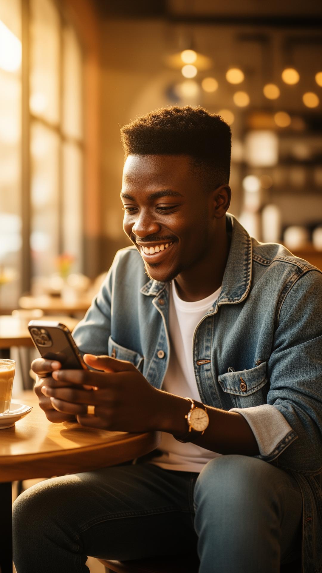 A young Nigerian BagUp agent smiling at his phone in a sunlit Lagos cafe