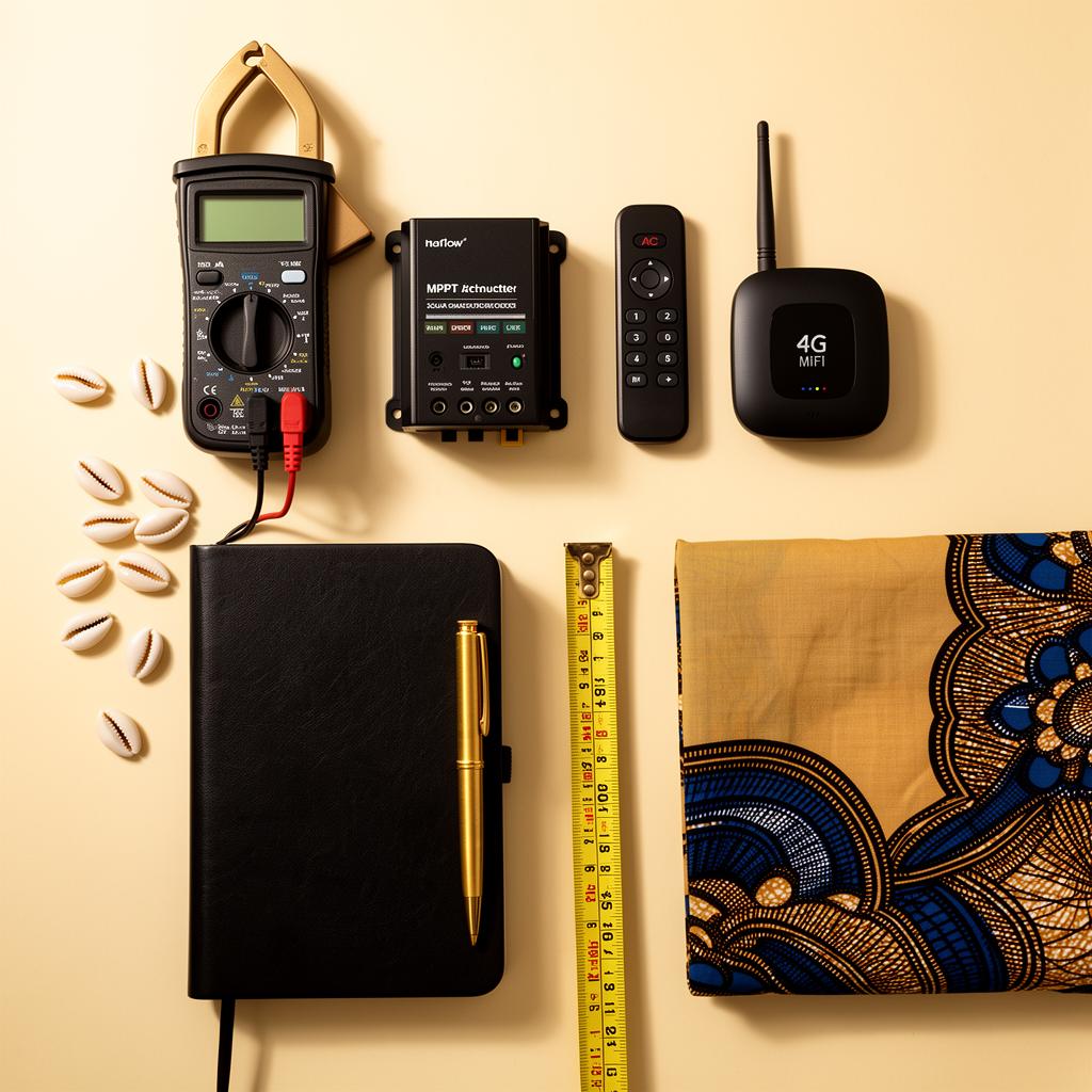 A BagUp field-agent activation kit — clamp meter, charge controller, AC remote, MiFi router, measuring tape, notebook and ankara cloth on warm paper
